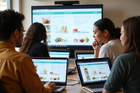 Ομάδα ανθρώπων που συμμετέχουν σε ένα διαδικτυακό σεμινάριο διατροφής σε φορητούς υπολογιστές